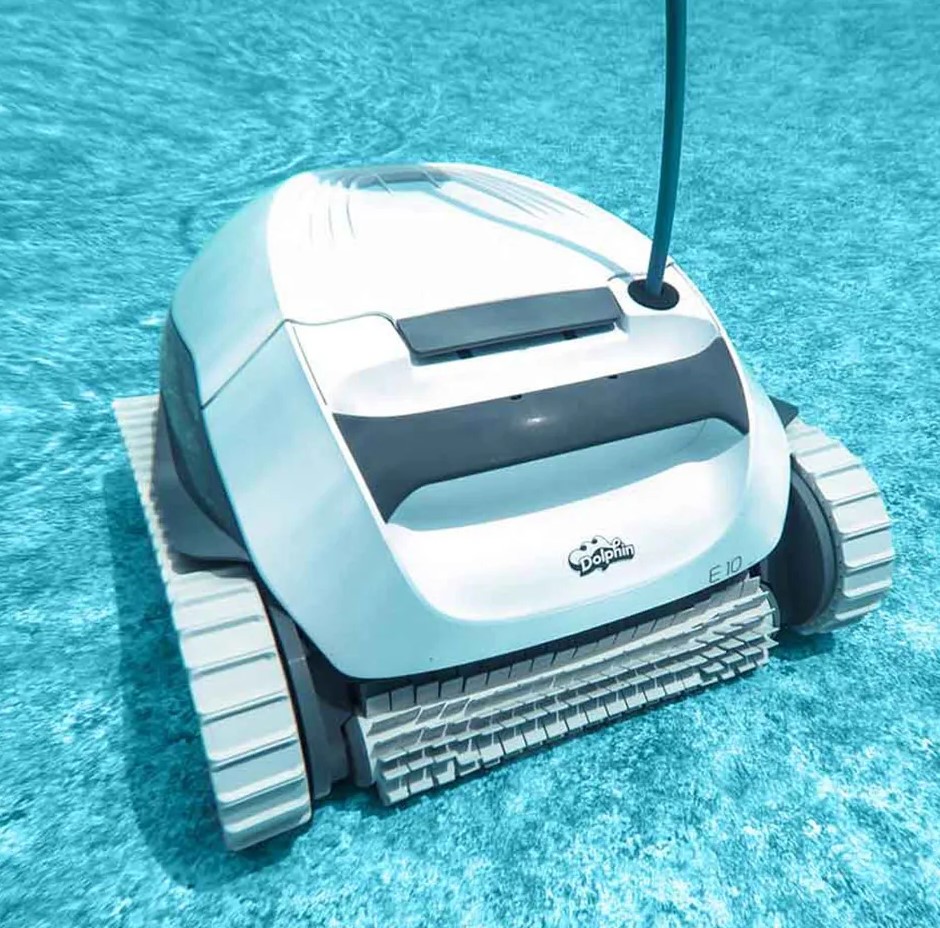 A close-up shot of the Dolphin E10's active scrubbing brush, perhaps with water movement around it to suggest its powerful rotation and cleaning action